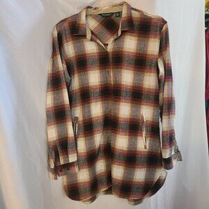 Stillwater Supply Co Womens Plaid Shirt Flannel Long Shacket XL Burgundy Beige
